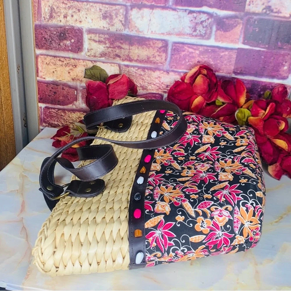 Woven Rattan and Canvas Beaded Floral Market Tote